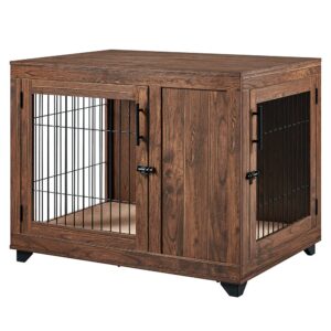 beeNbkks Furniture Style Dog Crate, Double Doors Wooden Wire Dog Kennel End Table, Pet Crate with Soft Bed, Decorative Dog House Pet Furniture Indoor Use