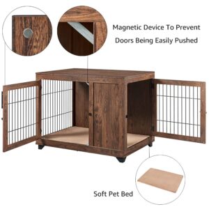 beeNbkks Furniture Style Dog Crate, Double Doors Wooden Wire Dog Kennel End Table, Pet Crate with Soft Bed, Decorative Dog House Pet Furniture Indoor Use