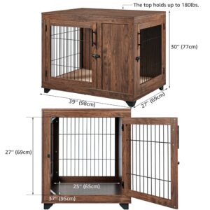 beeNbkks Furniture Style Dog Crate, Double Doors Wooden Wire Dog Kennel End Table, Pet Crate with Soft Bed, Decorative Dog House Pet Furniture Indoor Use