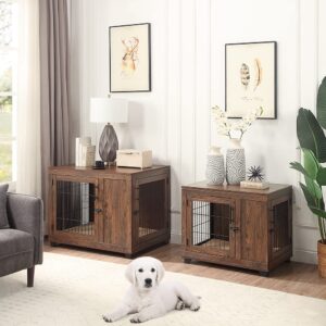 beeNbkks Furniture Style Dog Crate, Double Doors Wooden Wire Dog Kennel End Table, Pet Crate with Soft Bed, Decorative Dog House Pet Furniture Indoor Use