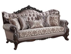 acme benbek sofa with 5 pillows in taupe and antique oak