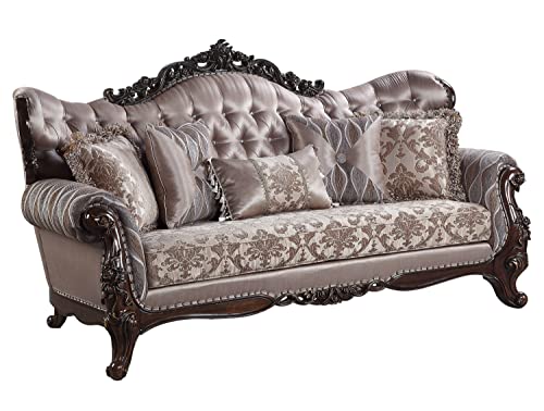 Acme Benbek Sofa with 5 Pillows in Taupe and Antique Oak