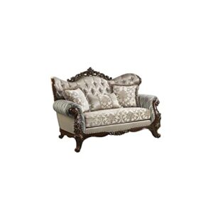 acme benbek fabric loveseat with 3 pillows in taupe and antique oak