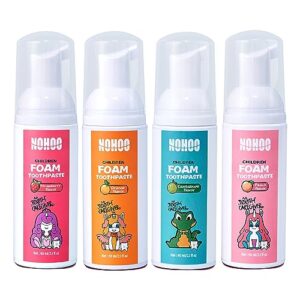 nohoo kids foam toothpaste with fruit flavor, fluoride free natural formul, foam toothpaste for electric toothbrush (strawberry+orange+peach+cantaloupe)