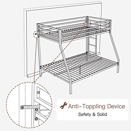 ikalido Metal Bunk Bed, Twin Over Full Size Beds with Sturdy Guard Rail & Removable Ladder, Space-Saving/Noise-Free/Matte Black