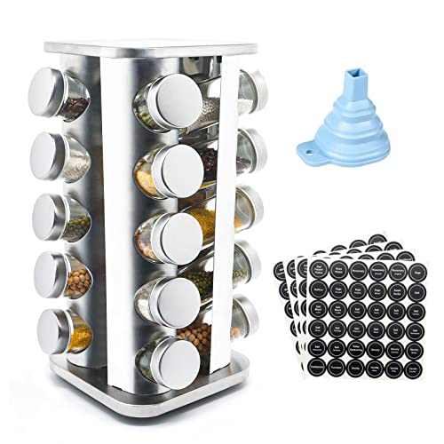 Brimeaws Revolving Spice Rack, Spice Rack Organizer for Cabinet, 20 Jar Rotating Seasoning Organizer Rack Tower Spinning Organizer with 180pcs Reusable Labels & Silicones Funnel for Kitchen