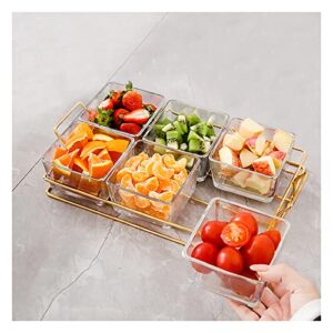 XKXKKE 6 Clear Glass Bowls Set with Gold Metal Rack, Condiment Dishes Serving Bowls Buffet Server Food Display Relish Tray for Fruit Dessert Appetizer Nuts Snacks Candy Chip Dip