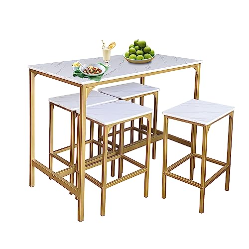 AT-VALY 5-Piece Bar Table Set with 4 Stools,Dining Room Table Set,Small Spaces (Gold & White)