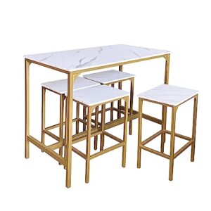 AT-VALY 5-Piece Bar Table Set with 4 Stools,Dining Room Table Set,Small Spaces (Gold & White)