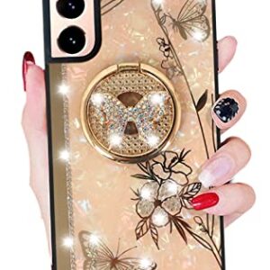 for Samsung Galaxy S21 FE Case for Women with Ring Stand,Glitter Sparkle Pearl Back Cute Butterfly Floral Design,Soft TPU Bumper Bling Diamond Mirror Strip Girly Phone Case for Samsung S21 Fe Pink