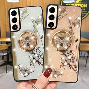 for Samsung Galaxy S21 FE Case for Women with Ring Stand,Glitter Sparkle Pearl Back Cute Butterfly Floral Design,Soft TPU Bumper Bling Diamond Mirror Strip Girly Phone Case for Samsung S21 Fe Pink