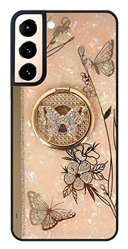 for Samsung Galaxy S21 FE Case for Women with Ring Stand,Glitter Sparkle Pearl Back Cute Butterfly Floral Design,Soft TPU Bumper Bling Diamond Mirror Strip Girly Phone Case for Samsung S21 Fe Pink