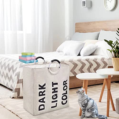 110L Large Laundry Basket Hamper with Handles - 3 Section Collapsible Oxford Fabric Laundry Bag, Waterproof Washing Bin Dirty Clothes Laundry Hamper for Bedroom Bathroom (Beige)