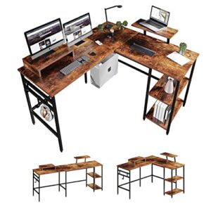 wildhome 51" l shaped desk & long desk,corner gaming desk with monitor stand, home office workstation table,2 person computer table,home office desks with 3 headphone hook (vintage oak finish)