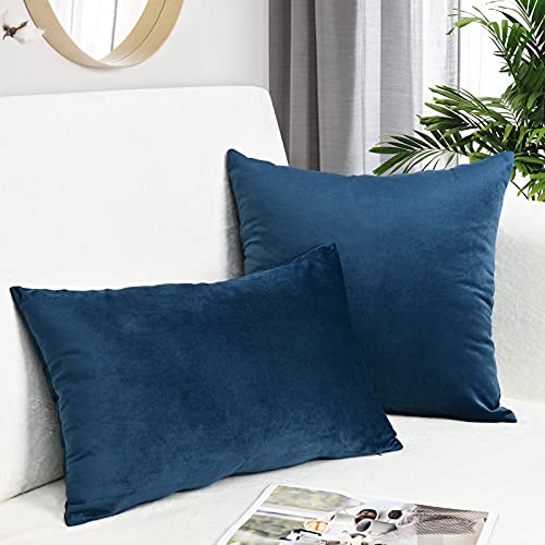 Dekoresyon 2 Pack Throw Pillow Covers 18 x 18 Inch, Velvet Decorative Pillow Covers, Soft Solid Square Throw Pillow Cases, Plush Cushion Case for Sofa Couch Bed, Navy Blue