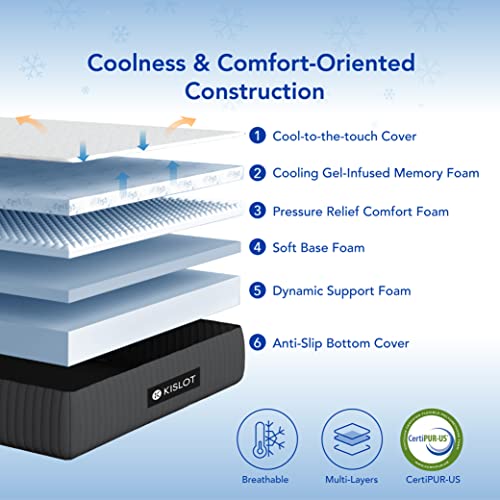 KISLOT KS 10 Inch King Memory Foam Mattress - Cooling Top Cover and Cooling Gel Infused Memory Foam for Cool Sleep & Pressure Relief – Fiberglass Free