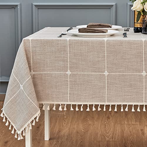 Mebakuk Rectangle Table Cloth Checkered Farmhouse Tassel Tablecloth Wrinkle Free and Washable Decorative Embroidered Fabric Table Cover for Kitchen (Oblong 55" x 86" (6-8 Seats), Coffee Grid)