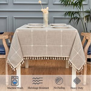 Mebakuk Rectangle Table Cloth Checkered Farmhouse Tassel Tablecloth Wrinkle Free and Washable Decorative Embroidered Fabric Table Cover for Kitchen (Oblong 55" x 86" (6-8 Seats), Coffee Grid)