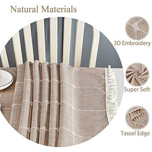 Mebakuk Rectangle Table Cloth Checkered Farmhouse Tassel Tablecloth Wrinkle Free and Washable Decorative Embroidered Fabric Table Cover for Kitchen (Oblong 55" x 86" (6-8 Seats), Coffee Grid)