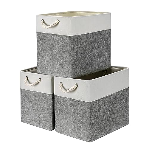 KITCSTI Storage Basket for Organizing Fabric Storage Bins 17"x12"x15" Foldable Organizer Bins with Handle Large Storage Basket for Shelves Closet Toys Books (White & Grey, Pack of 3)