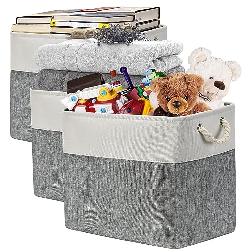 KITCSTI Storage Basket for Organizing Fabric Storage Bins 17"x12"x15" Foldable Organizer Bins with Handle Large Storage Basket for Shelves Closet Toys Books (White & Grey, Pack of 3)