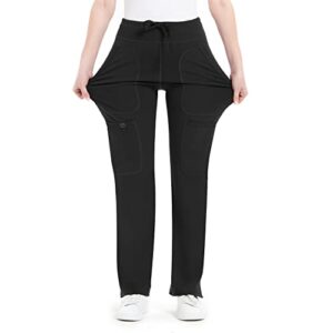 qbk yoga scrub pants women mid rise yoga work pants- five pocket cargo scrub pant (large, black)
