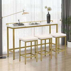 lz leisure zone 4-piece counter height sets, modern extra long console dining table set, bar kitchen set with 3 pu stools (gold+beige, 4 pieces)