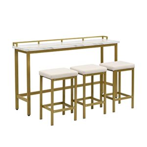 LZ LEISURE ZONE 4-Piece Counter Height Sets, Modern Extra Long Console Dining Table Set, Bar Kitchen Set with 3 PU Stools (Gold+Beige, 4 Pieces)