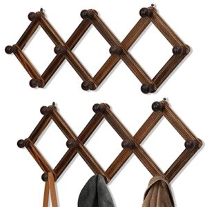 trspcwr 2 pack accordion wall hanger, expandable coat rack wall mounted, solid wooden wall hat rack, wood hat hanger for hanging coat, hats, caps, mugs, 10 peg, brown