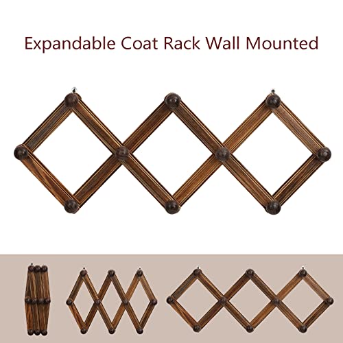 TRSPCWR 2 Pack Accordion Wall Hanger, Expandable Coat Rack Wall Mounted, Solid Wooden Wall Hat Rack, Wood Hat Hanger for Hanging Coat, Hats, Caps, Mugs, 10 Peg, Brown