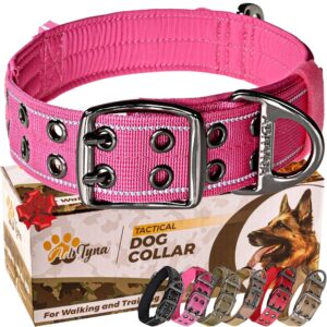adityna heavy duty dog collar with handle - reflective pink dog collar for large girl dogs - wide, thick, tactical, soft padded - perfect dog collar for training, walking, or hunting