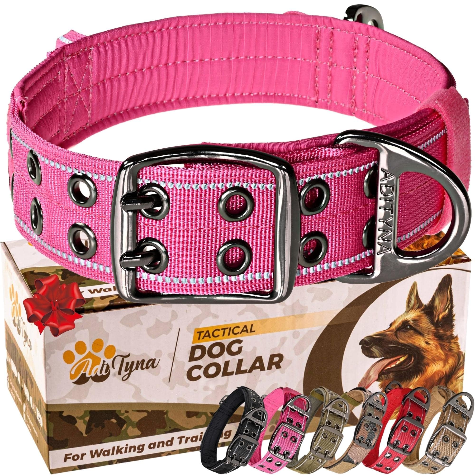 ADITYNA Heavy Duty Dog Collar with Handle - Reflective Pink Dog Collar for Large Girl Dogs - Wide, Thick, Tactical, Soft Padded - Perfect Dog Collar for Training, Walking, or Hunting