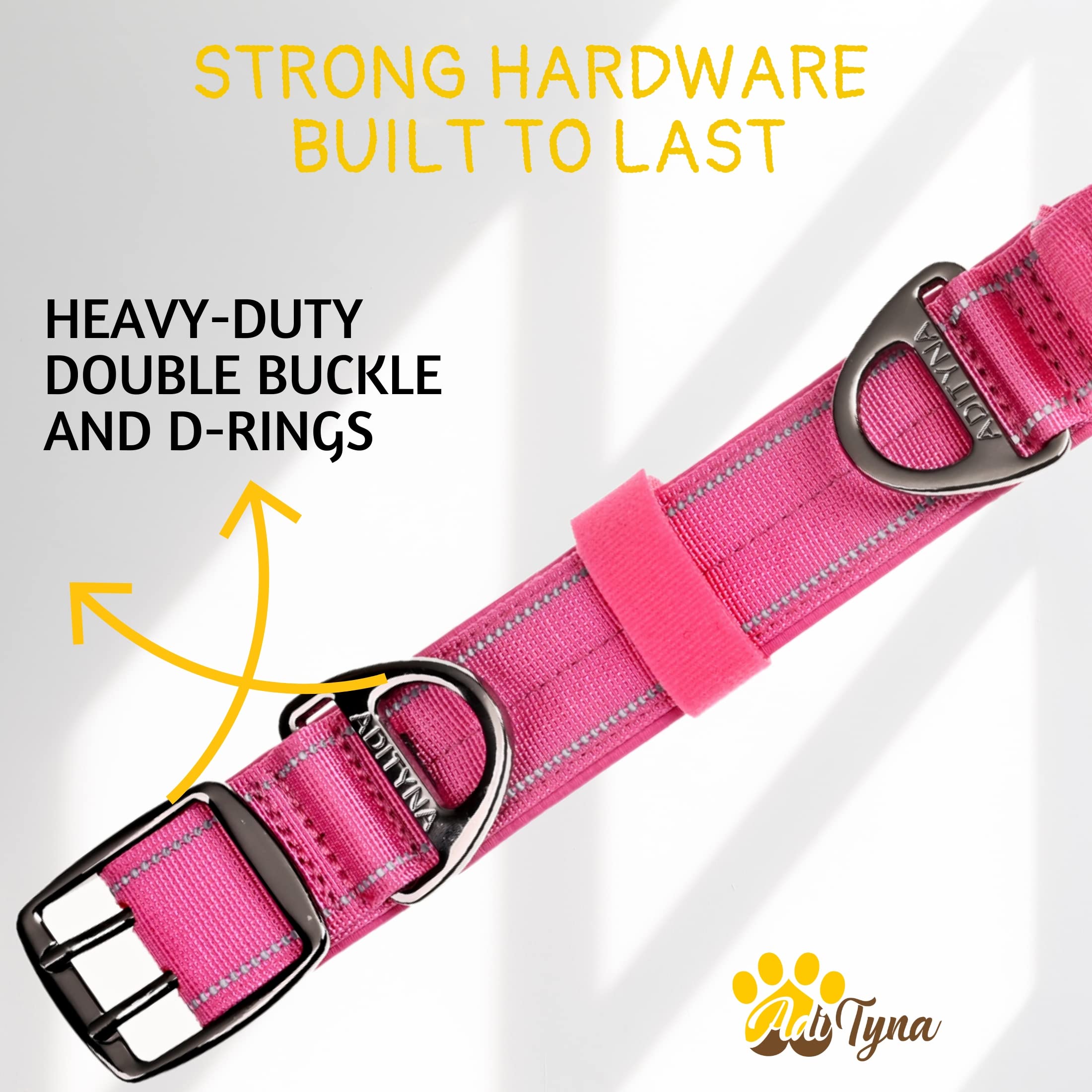 ADITYNA Heavy Duty Dog Collar with Handle - Reflective Pink Dog Collar for Large Girl Dogs - Wide, Thick, Tactical, Soft Padded - Perfect Dog Collar for Training, Walking, or Hunting