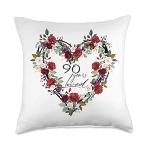 Birthday Gifts for Women 90th Birthday Gifts for Women-90 Years Loved for Women Throw Pillow, 18x18, Multicolor