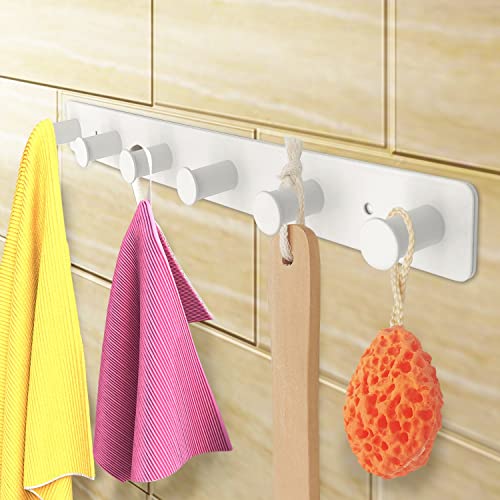AJLTPA Coat Rack Wall Mounted, White Coat Hooks Adhesive & Screw in, Stainless Steel Door Hooks for Hanging Hat Towels Clothes, Hook Rail with 6 Round Hangers