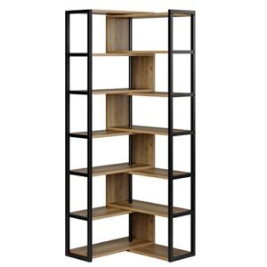 HITHOS Industrial 7-Tier Rotating Bookshelf, Double Wide Bookcase, Open Etagere Bookcase, Wood Corner Shelf with Metal Frame, Tall Storage Display Rack for Home Office, Living Room, Rustic Brown