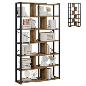 hithos industrial 7-tier rotating bookshelf, double wide bookcase, open etagere bookcase, wood corner shelf with metal frame, tall storage display rack for home office, living room, rustic brown