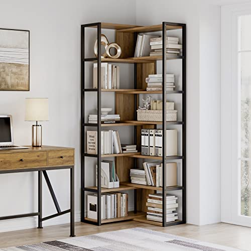 HITHOS Industrial 7-Tier Rotating Bookshelf, Double Wide Bookcase, Open Etagere Bookcase, Wood Corner Shelf with Metal Frame, Tall Storage Display Rack for Home Office, Living Room, Rustic Brown