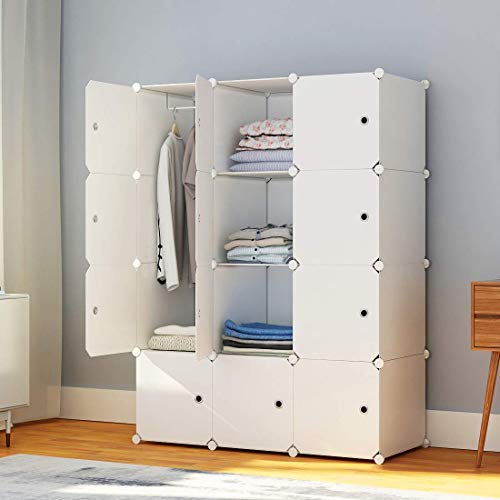 JYYG Portable Wardrobe Closets 14"x18" Depth Bedroom Armoire, Clothes Storage Organizer, 6 Cubes + 2 Hangers, White