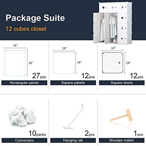 JYYG Portable Wardrobe Closets 14"x18" Depth Bedroom Armoire, Clothes Storage Organizer, 6 Cubes + 2 Hangers, White