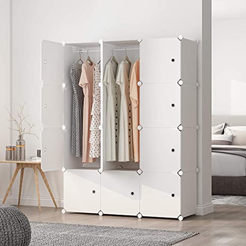 JYYG Portable Wardrobe Closets 14"x18" Depth Bedroom Armoire, Clothes Storage Organizer, 6 Cubes + 2 Hangers, White