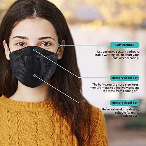 YHDOLL 100 Pcs KF94 Disposable Black Face Masks For Adult 4-Ply Breathable Face Masks 3D Mouth Shields Filter Full Face Cover（10 Pcs/ Pack Black）