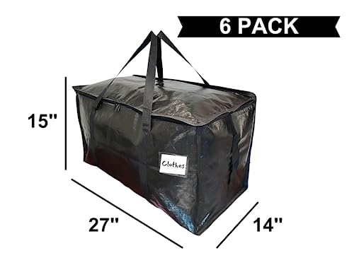 BAG-THAT! 6 Black Moving Bags Extra Large Heavy Duty Storage Bags Zippered Top Handles Wrap Bag Totes For Storage Packing Bags Moving Supplies Packing Supplies for Moving Moving Boxes Plastic Tote