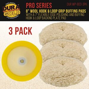 Dura-Gold 3 Pack of 8 Wool Hook & Loop Grip Buffing Pads with a 7" Flexible Edge Backing Plate - Compound Cutting, Polishing - Fits Auto Car Detailing Polisher Sanders - Paint, Boat