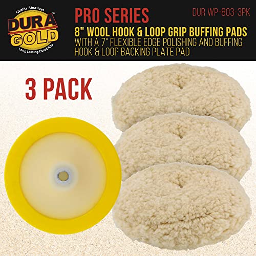 Dura-Gold 3 Pack of 8 Wool Hook & Loop Grip Buffing Pads with a 7" Flexible Edge Backing Plate - Compound Cutting, Polishing - Fits Auto Car Detailing Polisher Sanders - Paint, Boat