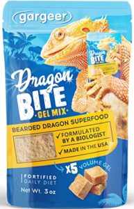 gargeer 3oz bearded dragon food. complete gel diet for both juveniles and adults. proudly made in the usa, using premium ingredients, fortified gourmet formula. enjoy!