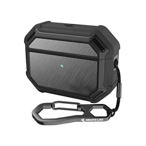 black/gun metal aluminum groove case by groove life - airpod pro compatible case with carabiner, charging light visible, wireless charging compatible, total protection with lifetime coverage