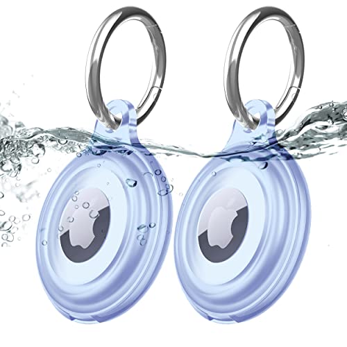 2 Pack IPX8 Waterproof AirTag Keychain Holder Case, Lightweight, Anti-Scratch, Easy Installation,Soft Full-Body Shockproof Air Tag Holder for Luggage,Keys, Dog Collar-Blue