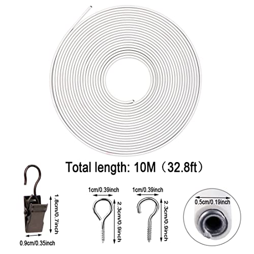 White Curtain Wire 10 Meter Wall Decor Picture Hanging Kit with 20 Pairs of Screw Eyes and Hooks 16 Clips for Net Curtain Rods Clothesline Hanging Decor