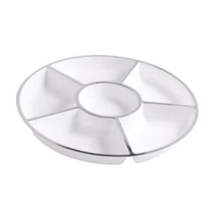 [6 sec -white/silver- 3 pack] homeygear plastic round 6 section serving tray appetizer platter white with silver rim 12 inch pack of 3